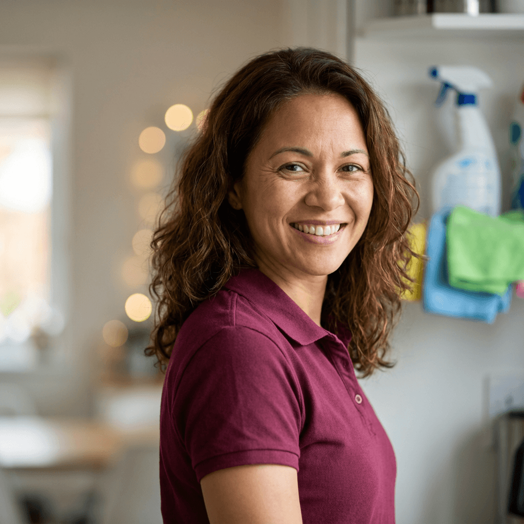 Smiling woman in her 40s in casual clothes in an outdoor setting