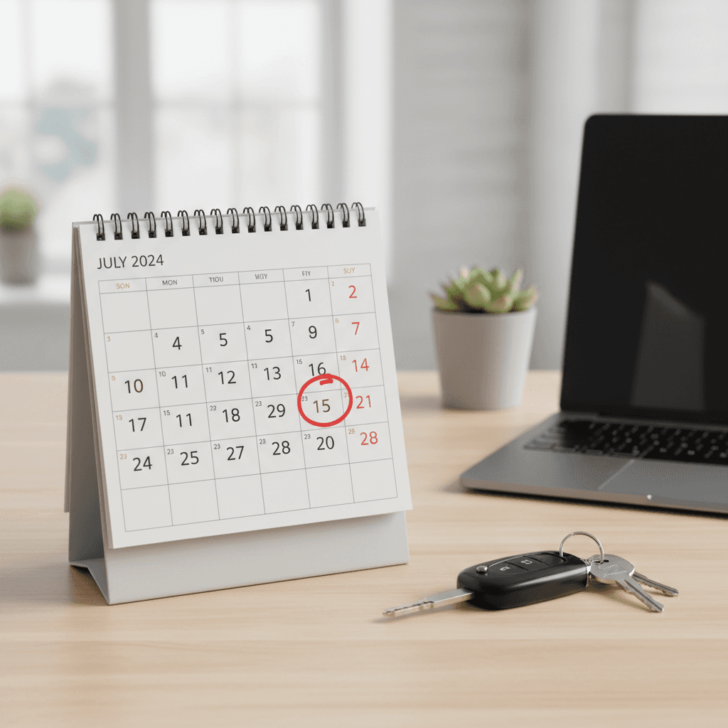 Calendar with a marked date and car keys on a desk