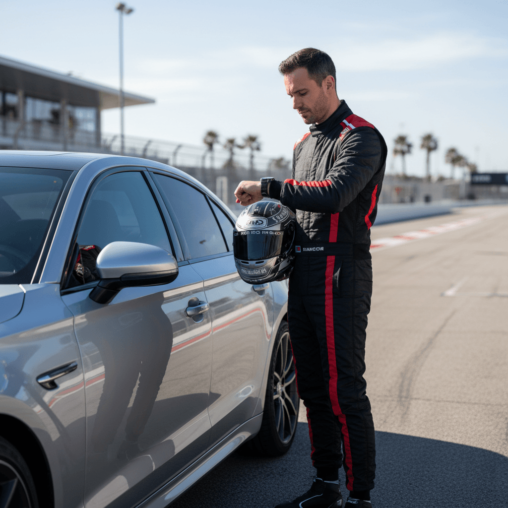 Professional driver checking his watch next to a clean sedan