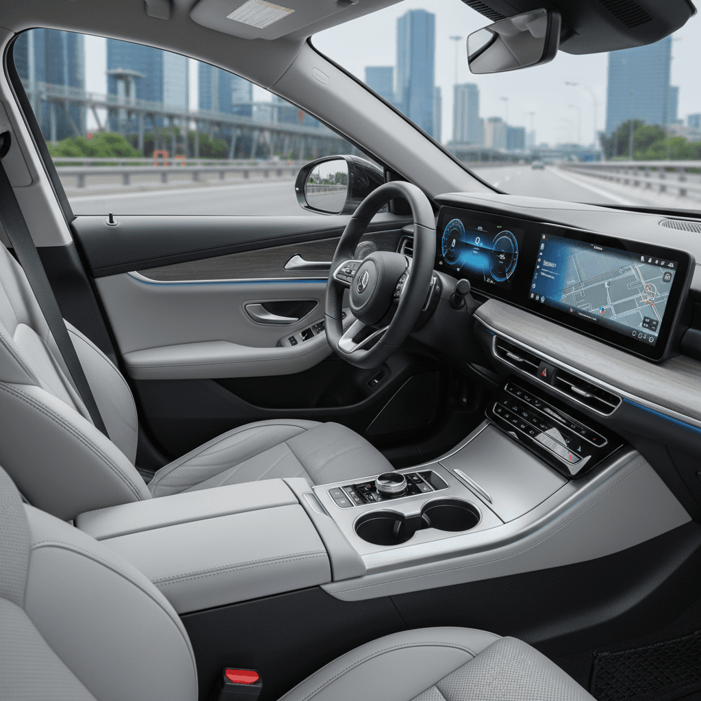 Clean modern sedan interior with seatbelt buckled