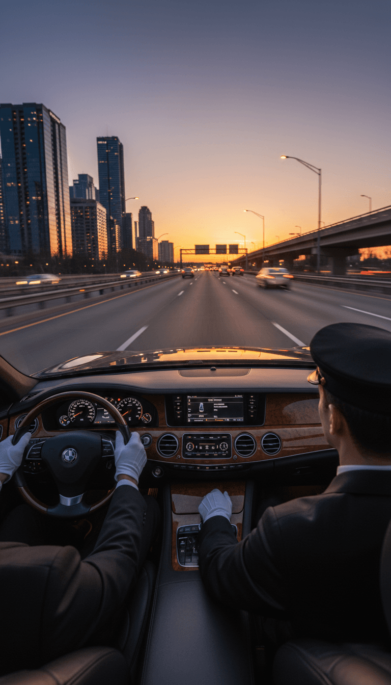 Chauffeur driving sedan on highway
