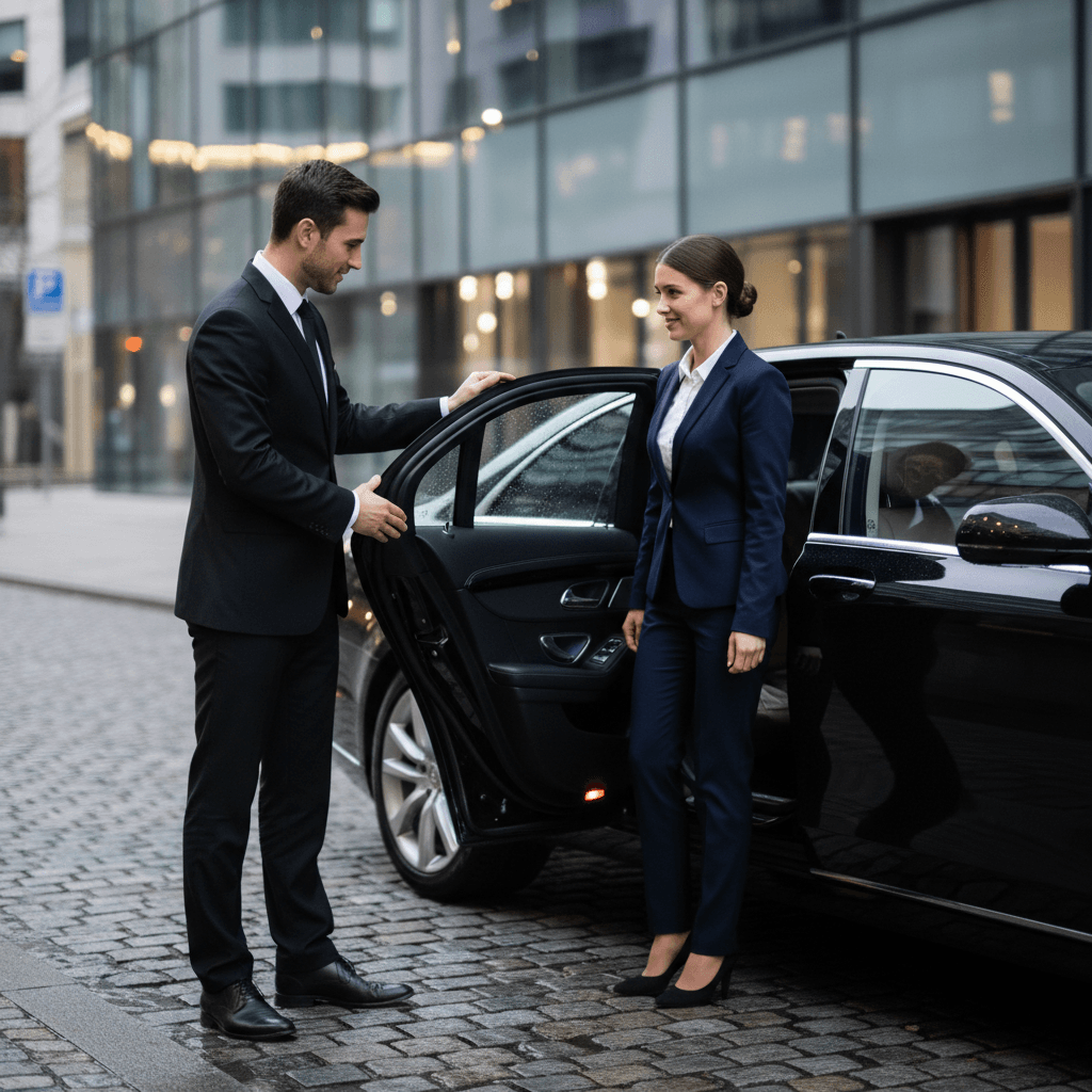 Professional chauffeur holding door open for a passenger