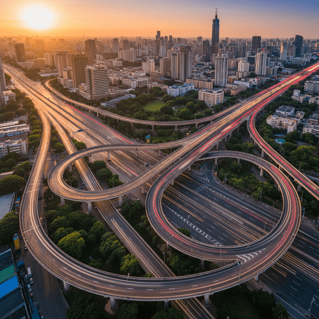 Overhead view of a city highway interchange with cars moving
