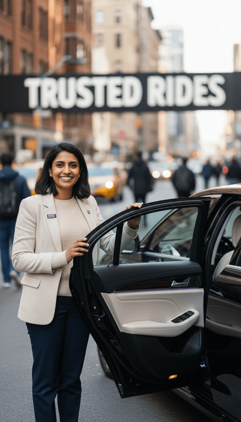 Friendly driver welcoming passenger with a handshake