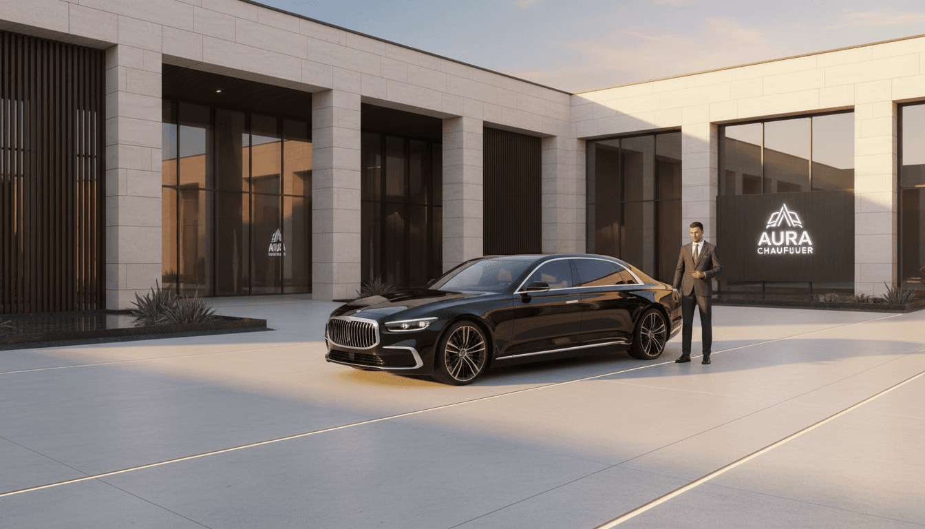 Modern black sedan driving on highway at golden hour