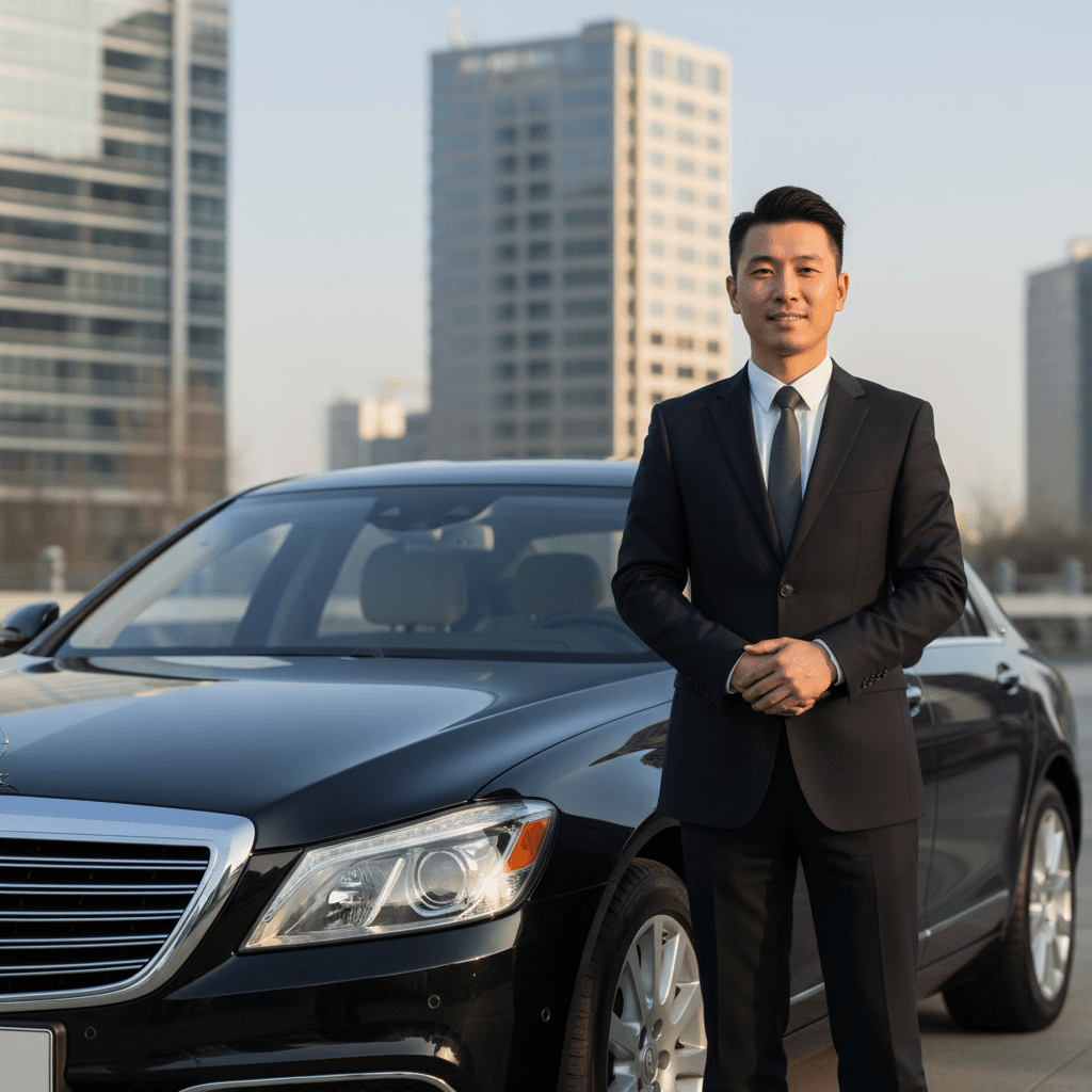 Driver checking watch beside a clean sedan