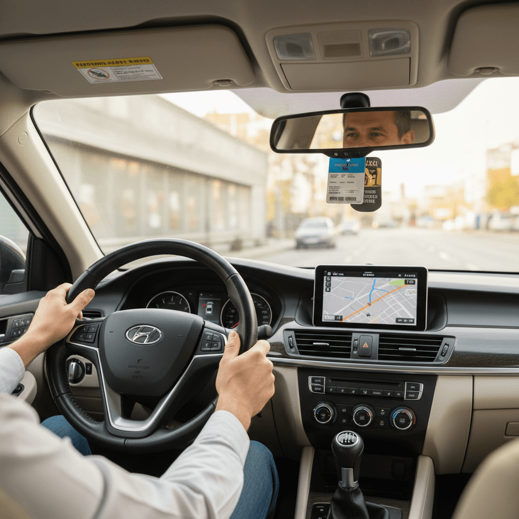 Driver offering a card reader to a passenger inside a car