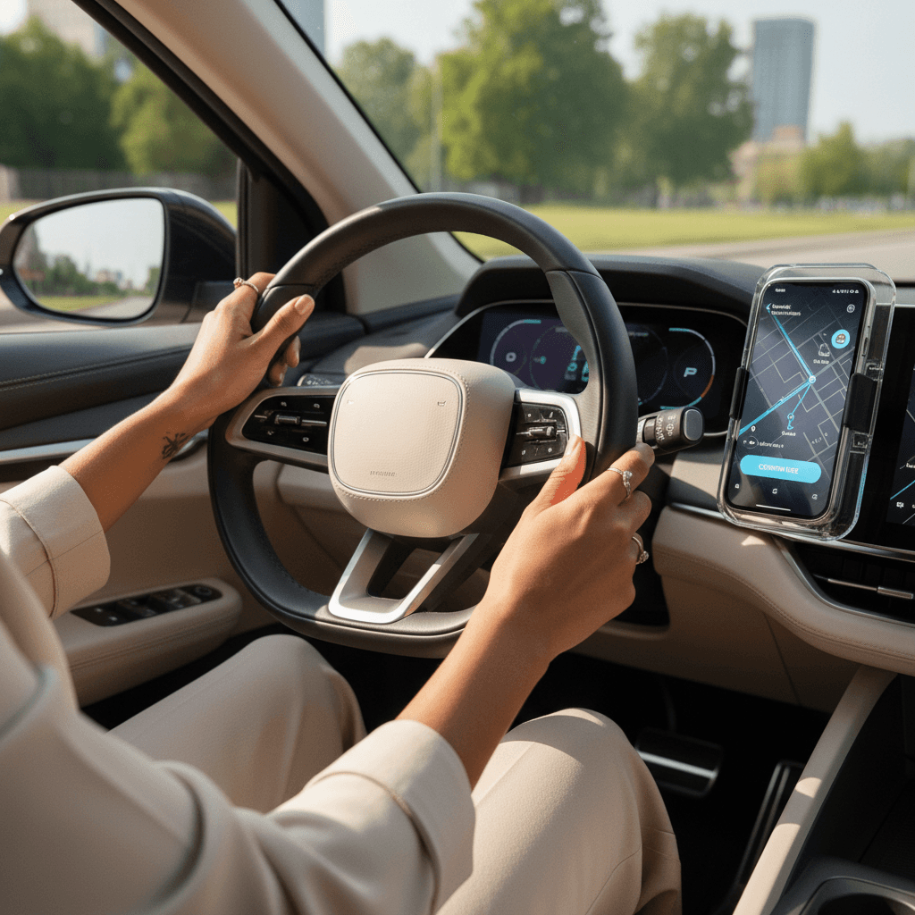 Driver glancing at a map on the passenger seat while driving