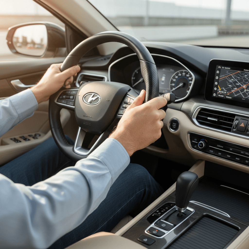 Professional driver in Nashville checking his watch beside a clean sedan