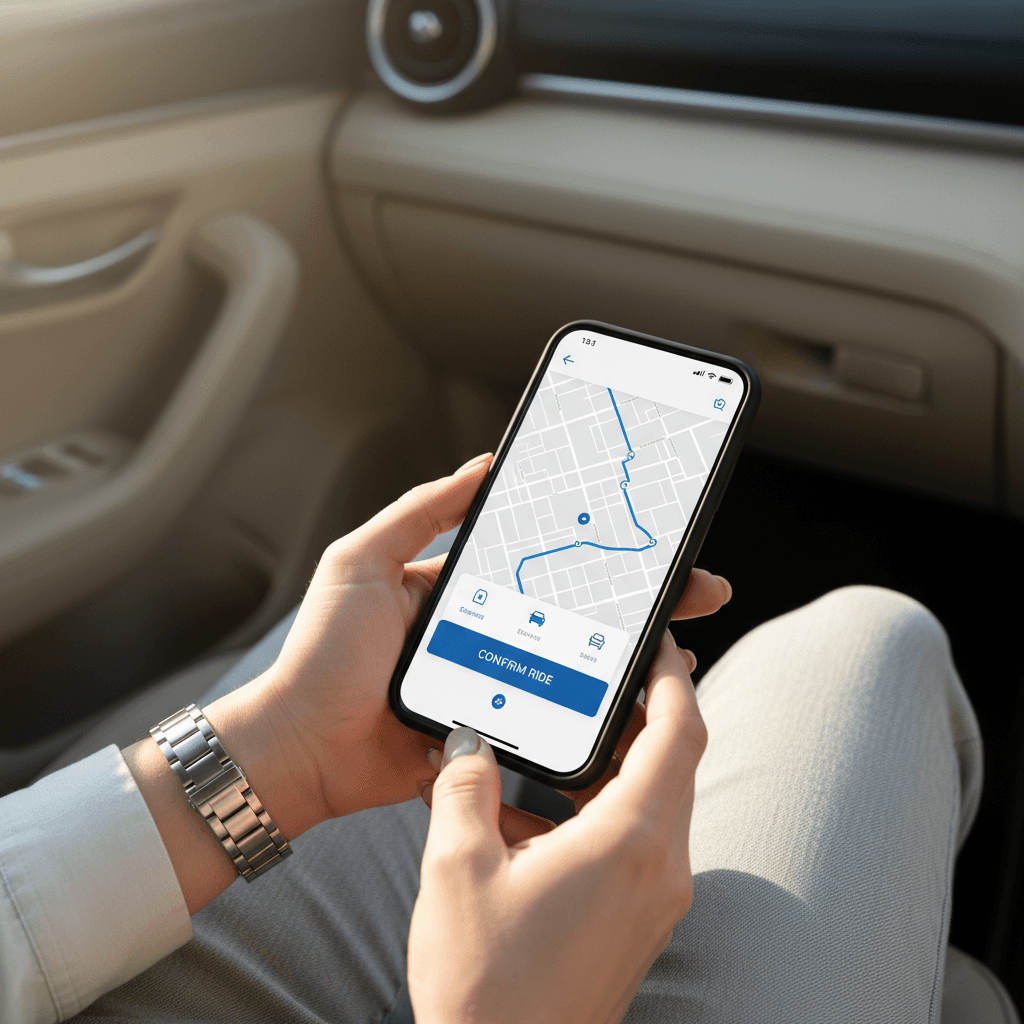Passenger holding a phone with a calendar while entering a car